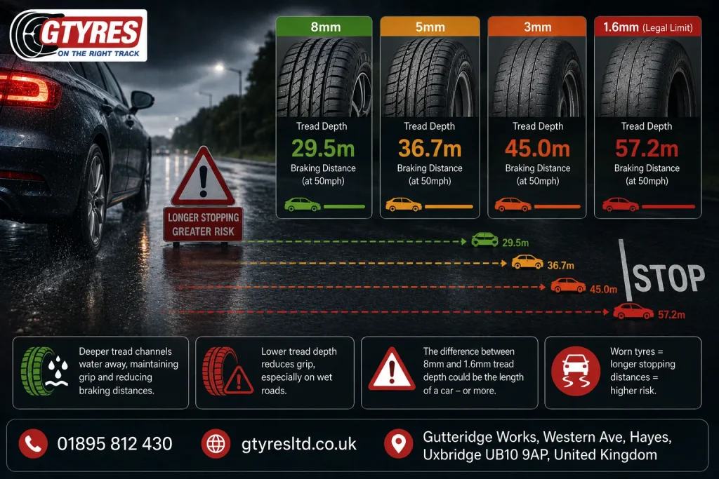 How Low Tread Depth Increases Braking Distances