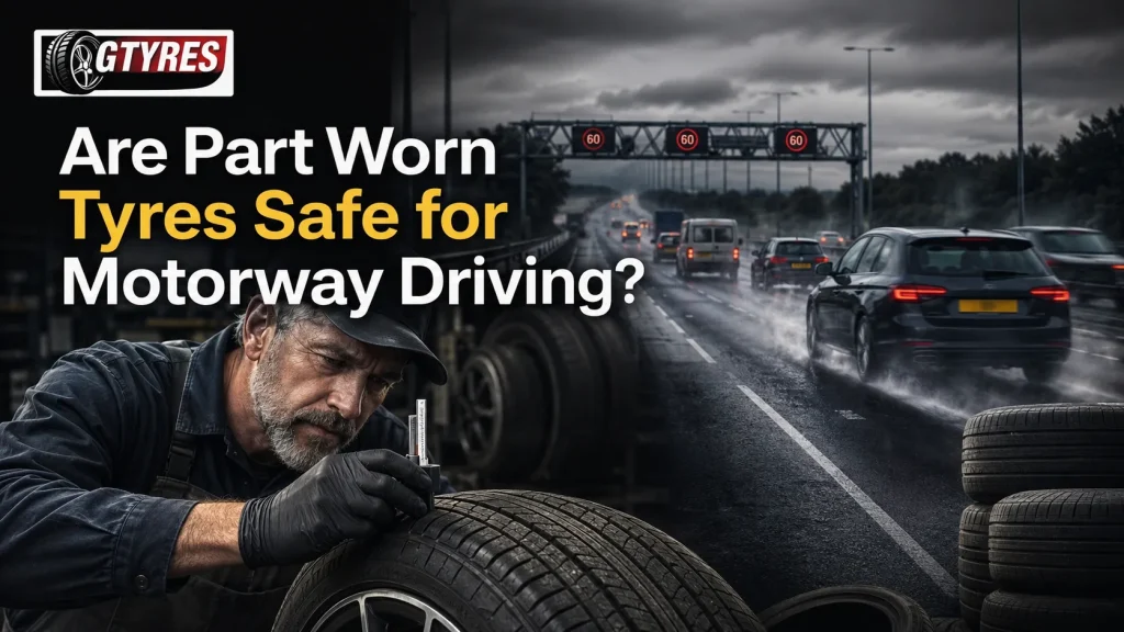 Are Part Worn Tyres Safe for Motorway Driving? Featured image showing the GTYRES logo, a tyre technician checking tread depth on a part worn tyre, and cars driving on a wet UK motorway.