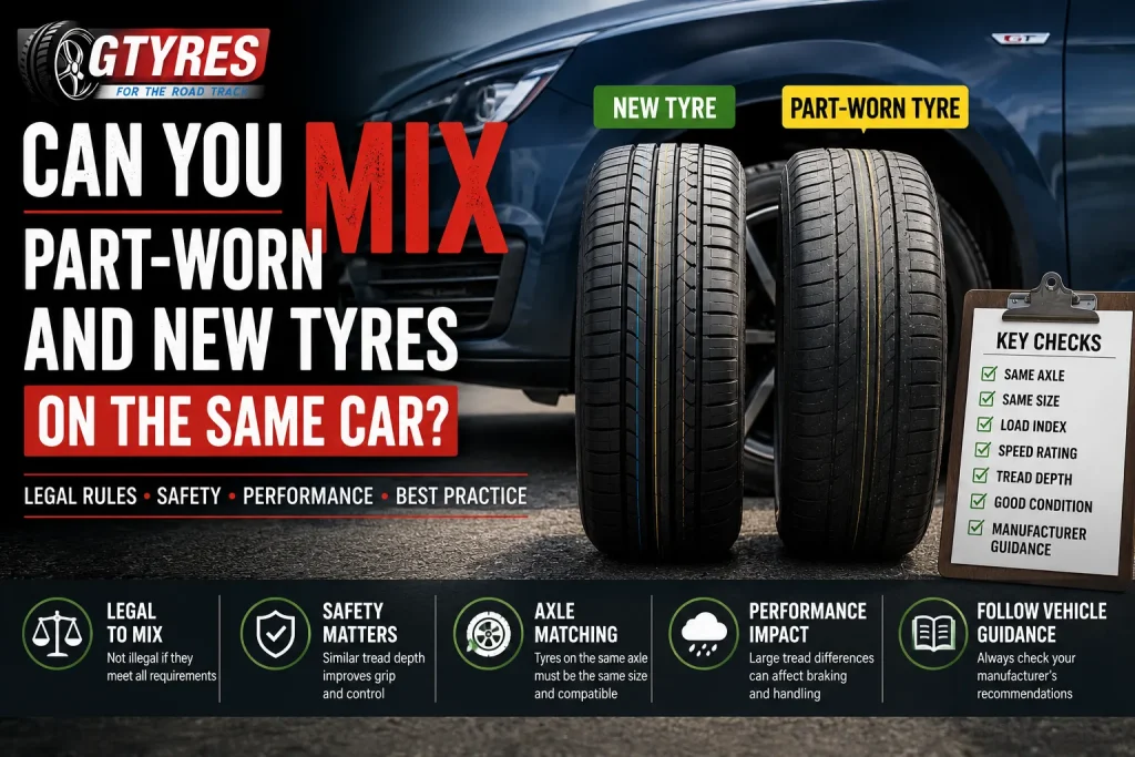 G Tyres featured image showing new and part-worn tyres compared beside a car, highlighting axle matching, tyre size, load rating, speed rating and tread depth compatibility.