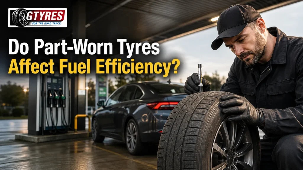 GTYRES featured image showing a technician checking a part worn tyre near a fuel pump to explain tyre pressure, tread condition and fuel efficiency.