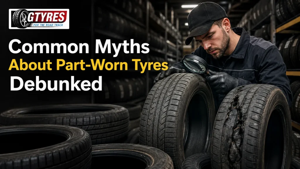 G Tyres featured image showing a tyre specialist debunking common myths about part-worn tyres by comparing tread, casing condition and damaged tyre risks in a UK tyre warehouse.