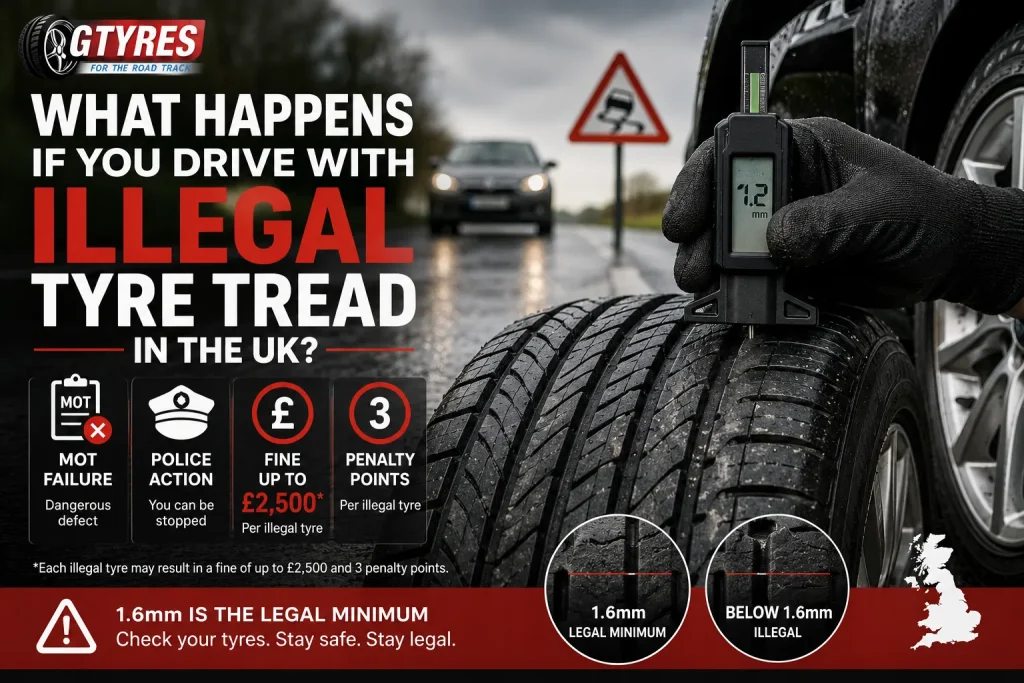 G Tyres featured image showing illegal tyre tread check on a UK car with a tread-depth gauge, wet road background, MOT failure, police action and tyre fine warnings.