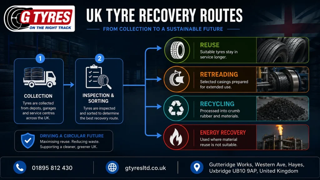 UK used tyre recovery routes including reuse, retreading, granulation, shredding and energy recovery