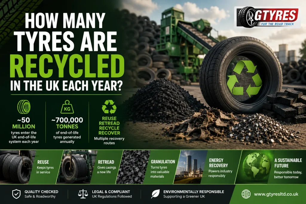 G Tyres featured image showing UK tyre recycling, tyre piles, rubber granules and recovery routes for 50 million end-of-life tyres.