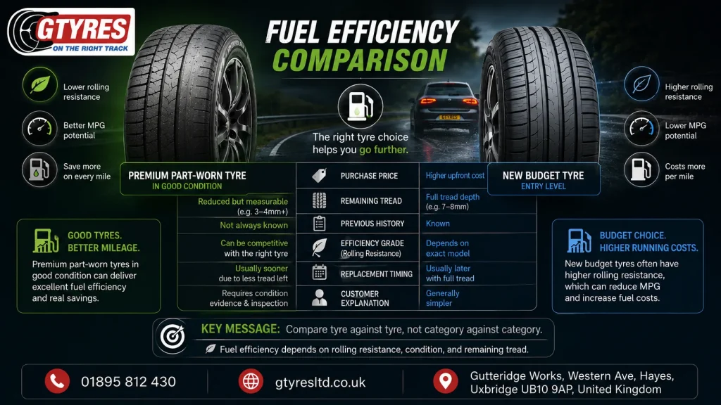 Premium part worn tyre vs new budget tyre fuel efficiency comparison by G Tyres LTD, showing rolling resistance, tread depth, and fuel cost factors in the UK.