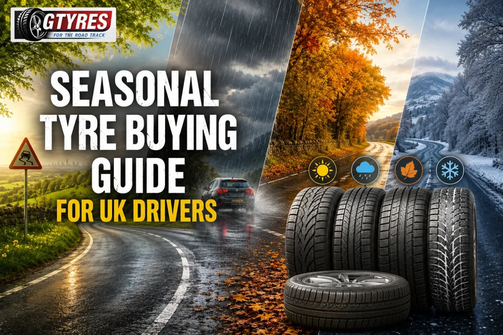 Seasonal Tyre Buying Guide for UK Drivers featuring G Tyres logo, UK roads in rain, autumn and winter, with summer, winter and all-season tyres.