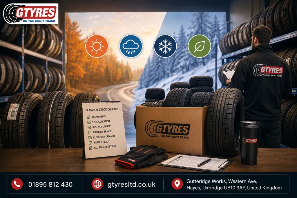 Trade buyer preparing seasonal part worn tyre stock at G Tyres LTD warehouse for UK summer, winter, wet weather and all-season tyre demand.