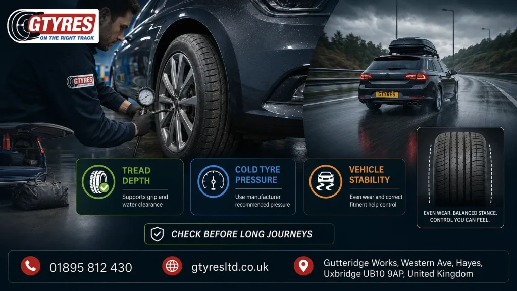 G Tyres LTD tyre safety image showing tread depth, cold tyre pressure, and vehicle stability checks before long UK motorway journeys with part worn tyres.