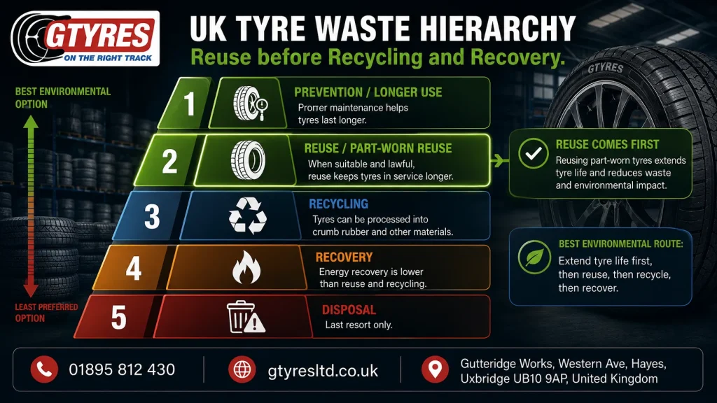 UK waste tyre hierarchy showing reuse, retreading, recycling, energy recovery and disposal