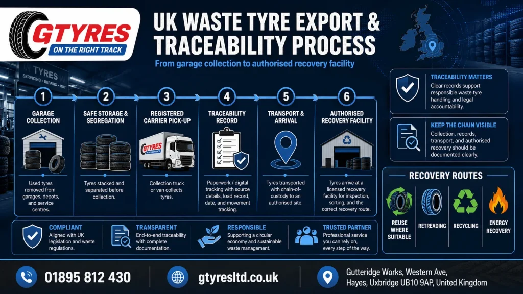 UK waste tyre export traceability process showing collection, documentation, shipment and authorised recovery
